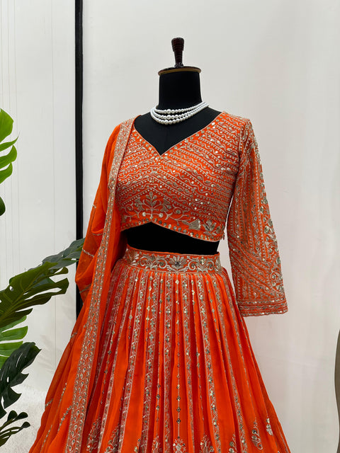 Orange Heavy Embroidered Sequnce Lehenga Choli For Women in USA