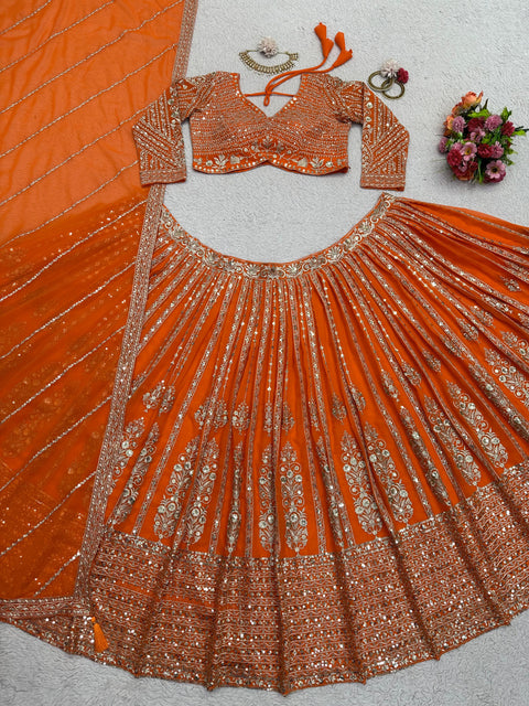 Orange Heavy Embroidered Sequnce Lehenga Choli For Women in USA