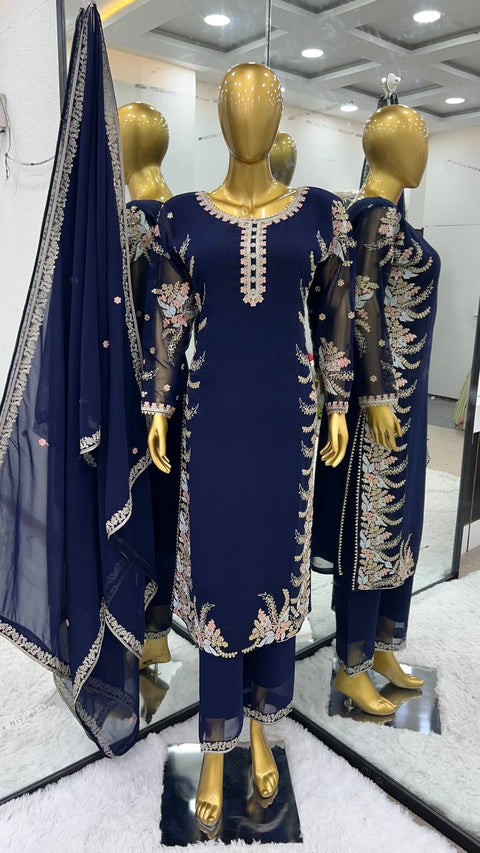 Blue Party Wear Look New Top Bottom With Dupatta With Heavy Embroidery Work For Women