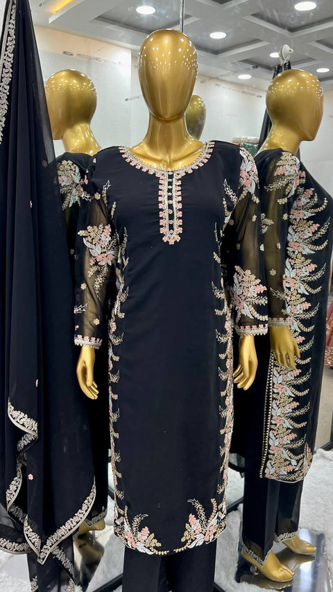 Black Party Wear Look New Top Bottom With Dupatta With Heavy Embroidery Work For Women