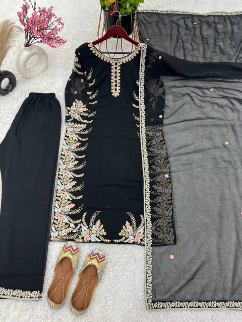 Black Party Wear Look New Top Bottom With Dupatta With Heavy Embroidery Work For Women