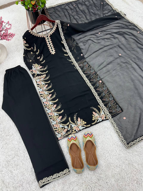 Black Party Wear Look New Top Bottom With Dupatta With Heavy Embroidery Work For Women