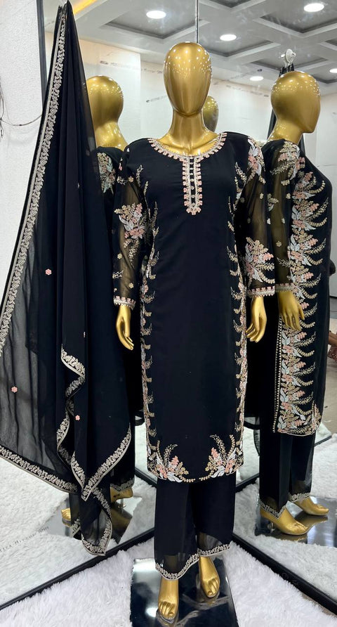 Black Party Wear Look New Top Bottom With Dupatta With Heavy Embroidery Work For Women