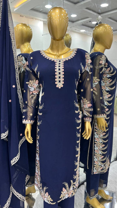 Blue Party Wear Look New Top Bottom With Dupatta With Heavy Embroidery Work For Women