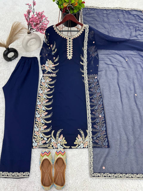 Blue Party Wear Look New Top Bottom With Dupatta With Heavy Embroidery Work For Women