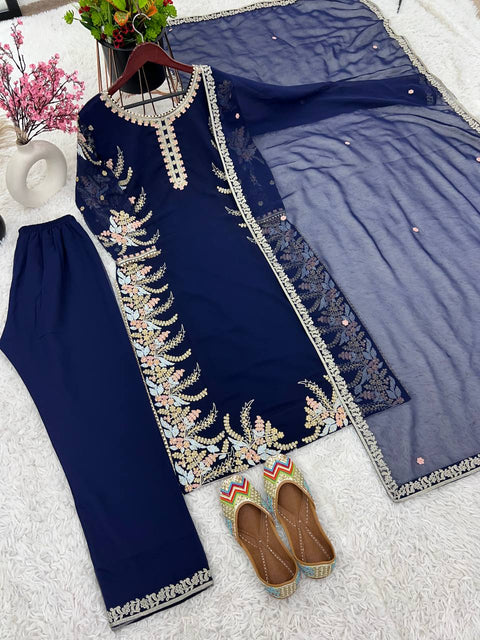 Blue Party Wear Look New Top Bottom With Dupatta With Heavy Embroidery Work For Women