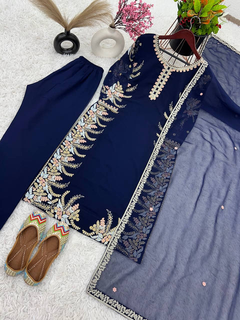 Blue Party Wear Look New Top Bottom With Dupatta With Heavy Embroidery Work For Women