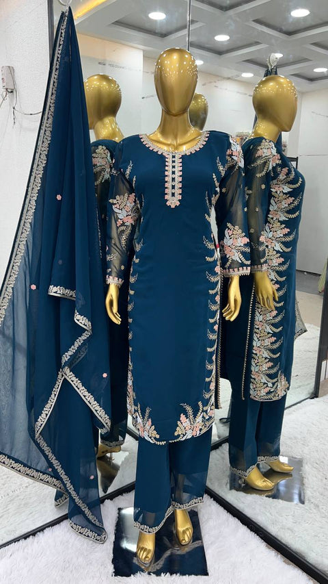 Teal Blue Party Wear Look New Top Bottom With Dupatta With Heavy Embroidery Work For Women