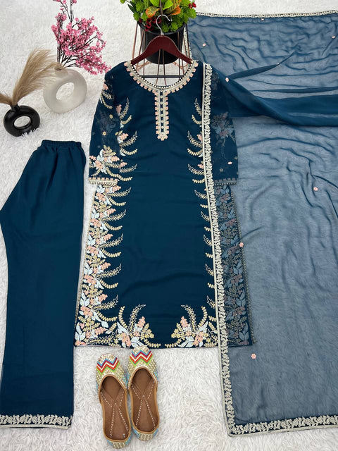 Teal Blue Party Wear Look New Top Bottom With Dupatta With Heavy Embroidery Work For Women