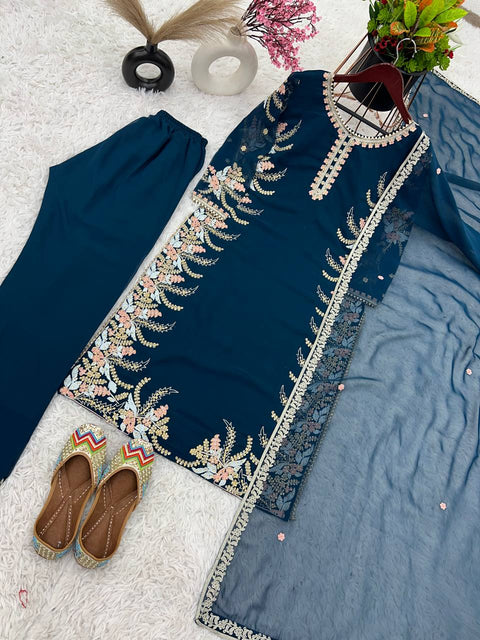 Teal Blue Party Wear Look New Top Bottom With Dupatta With Heavy Embroidery Work For Women