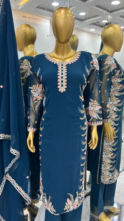 Teal Blue Party Wear Look New Top Bottom With Dupatta With Heavy Embroidery Work For Women