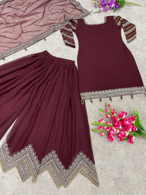 Maroon Party Wear Look New Sharara Palzo With Heavy Embroidery