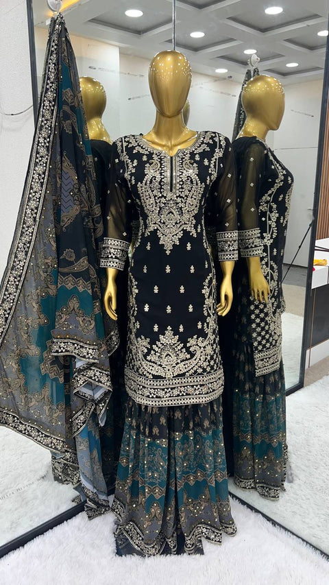 Black Heavy Embroidery Sequence Work Top-Gharara And Dupatta Set