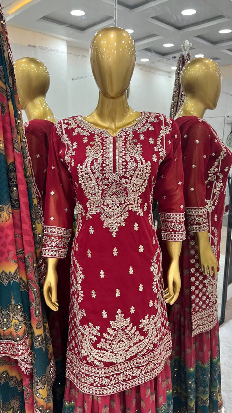 Red Heavy Embroidery Sequence Work Top-Gharara And Dupatta Set