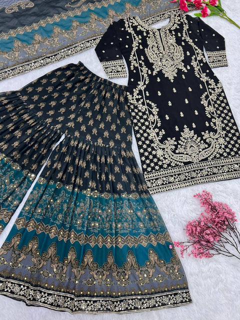 Black Heavy Embroidery Sequence Work Top-Gharara And Dupatta Set