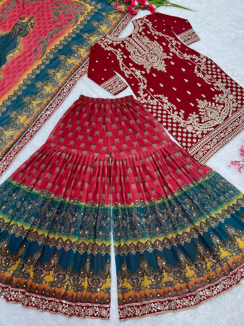 Red Heavy Embroidery Sequence Work Top-Gharara And Dupatta Set