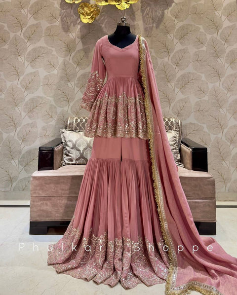 Pink Pure Fox Georgette Kediya-Palazzo and Dupatta Set Fully Stitched For Women