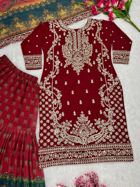 Red Heavy Embroidery Sequence Work Top-Gharara And Dupatta Set