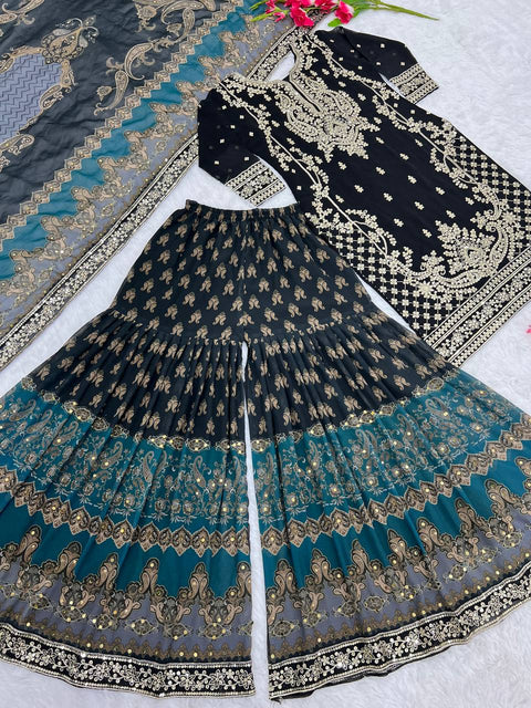 Black Heavy Embroidery Sequence Work Top-Gharara And Dupatta Set