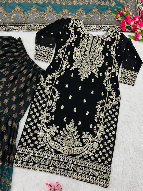 Black Heavy Embroidery Sequence Work Top-Gharara And Dupatta Set