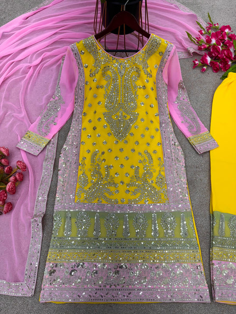 Yellow Designer Party Wear Look Fancy Top-Dupatta and Fully Stitched Sharara For Women In USA