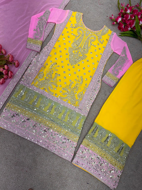 Yellow Designer Party Wear Look Fancy Top-Dupatta and Fully Stitched Sharara For Women In USA