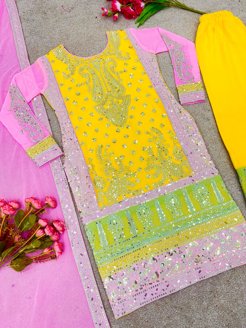 Yellow Designer Party Wear Look Fancy Top-Dupatta and Fully Stitched Sharara For Women In USA