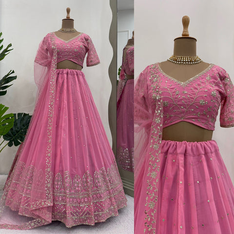 Pink Foux Gorgette Seuqnce lehenga choli for women in USA