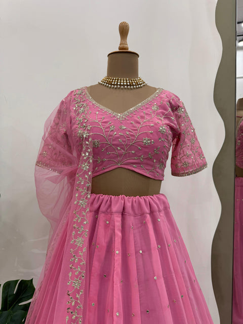 Pink Foux Gorgette Seuqnce lehenga choli for women in USA