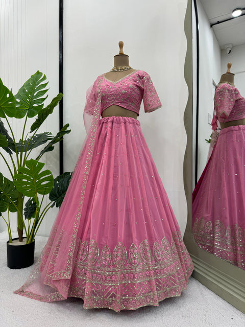 Pink Foux Gorgette Seuqnce lehenga choli for women in USA