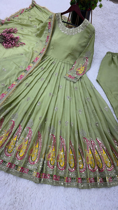 Pista Green Party Wear Look Full Heavy Embroidery Sequence Work Gown With Fully Stiched Bottom and Dupatta