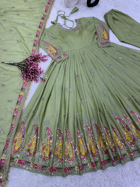 Pista Green Party Wear Look Full Heavy Embroidery Sequence Work Gown With Fully Stiched Bottom and Dupatta