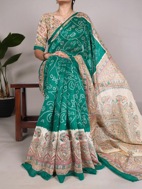 Green Silk Artistry: Fusion Of Madhubani and Bandhej