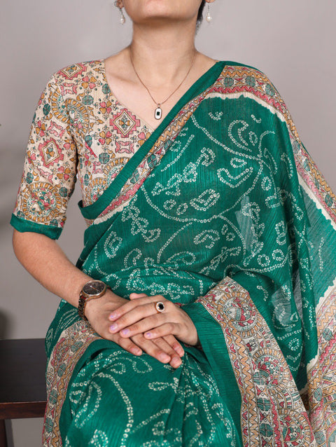 Green Silk Artistry: Fusion Of Madhubani and Bandhej