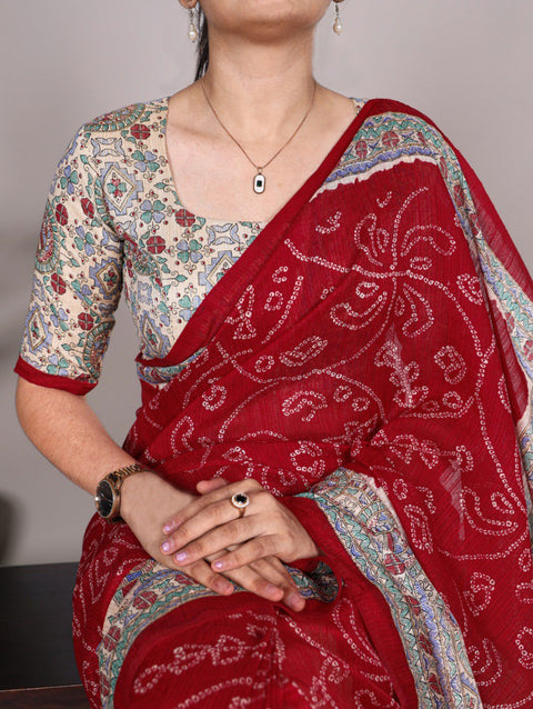 Red Silk Artistry: Fusion Of Madhubani and Bandhej