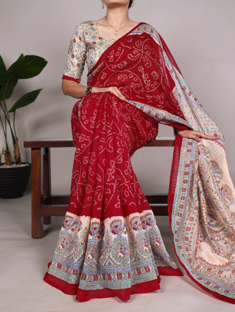 Red Silk Artistry: Fusion Of Madhubani and Bandhej