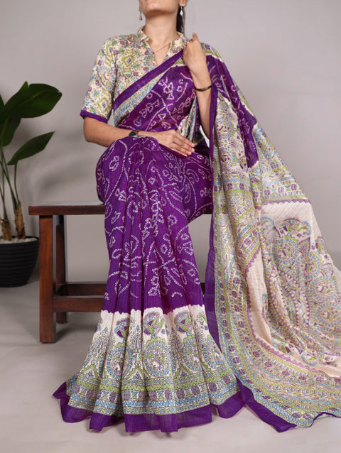 Purple Silk Artistry: Fusion Of Madhubani and Bandhej