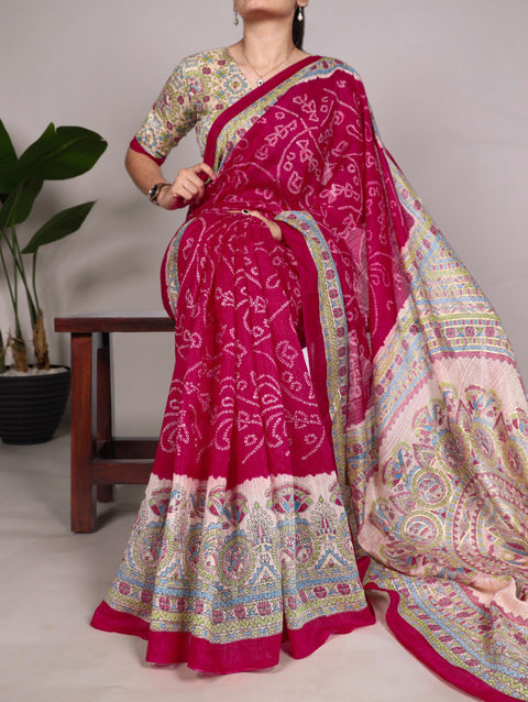 Pink Silk Artistry: Fusion Of Madhubani and Bandhej