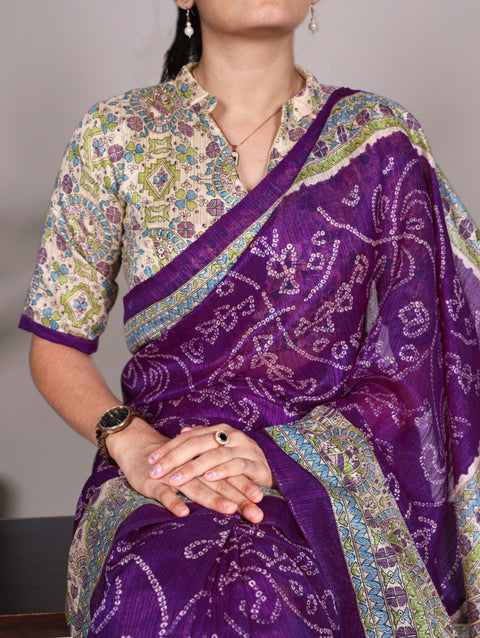 Purple Silk Artistry: Fusion Of Madhubani and Bandhej