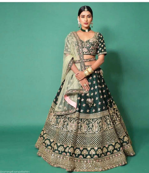 Impressive Dark Green lehenga Choli with Dupatta ,Indian Designer Ready to wear Lehenga Choli, Japan satin silk withheavy embroidery Lehenga - ReadyToWearshop