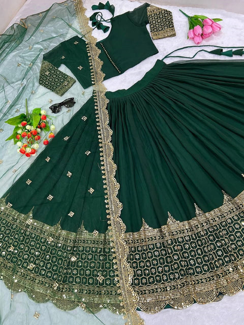 Beautyful green georgette partywear lehenga choli for women ,Designer Ready to wear lehenga choli for women Embroidery Sequence Work Lehenga Choli - ReadyToWearshop