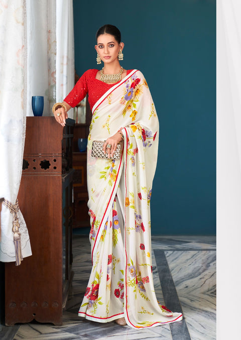 White Indian saree with blouse in USA, Perfect for Indian Daily wear, partywear sequins saree