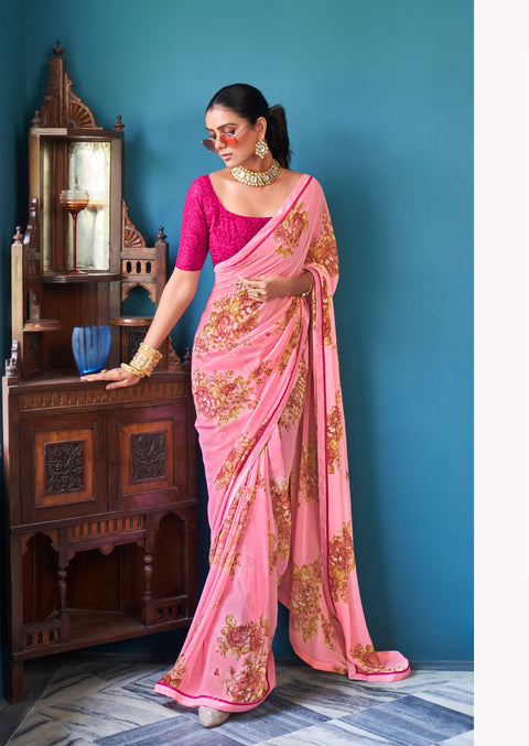 Pink Indian saree with blouse in USA, Perfect for Indian Daily wear, partywear sequins saree