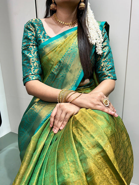 Green Kanjivaram saree embodies the epitome of timeless beauty and cultural heritage