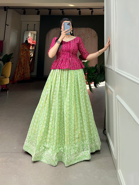 Glimmer a unique grace to your personality by donning this outstanding Pista lehenga made of georgette material embellished with lucknowi thread work all over For Women