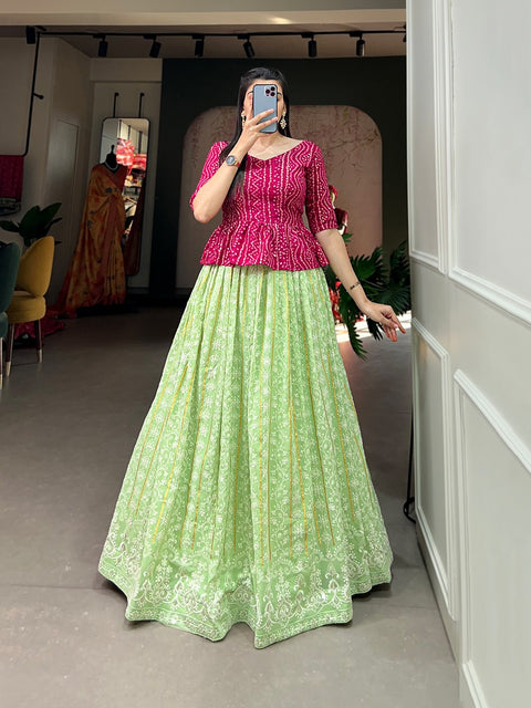 Glimmer a unique grace to your personality by donning this outstanding Pista lehenga made of georgette material embellished with lucknowi thread work all over For Women