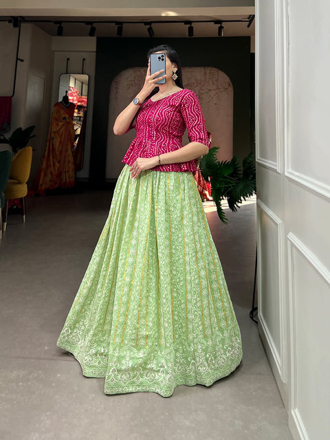 Glimmer a unique grace to your personality by donning this outstanding Pista lehenga made of georgette material embellished with lucknowi thread work all over For Women