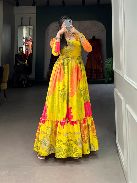 Yellow Grace and Glamour: Silk Crepe Long Gown Elevates Evening Elegance For Women