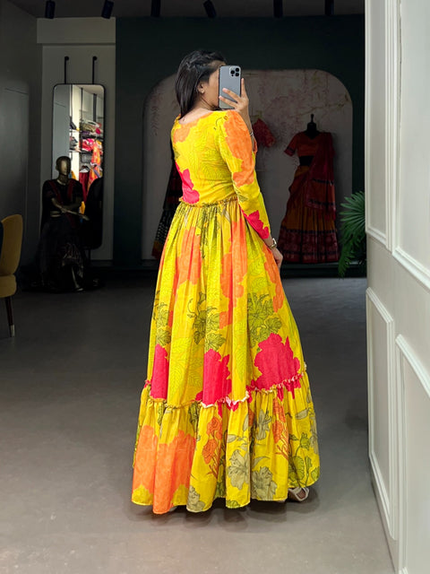 Yellow Grace and Glamour: Silk Crepe Long Gown Elevates Evening Elegance For Women