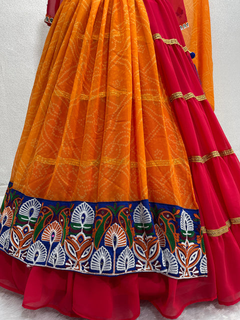 Orange Navratri Special Chine Stitch And Real Mirror Work Lehengas Choli With Dupatta